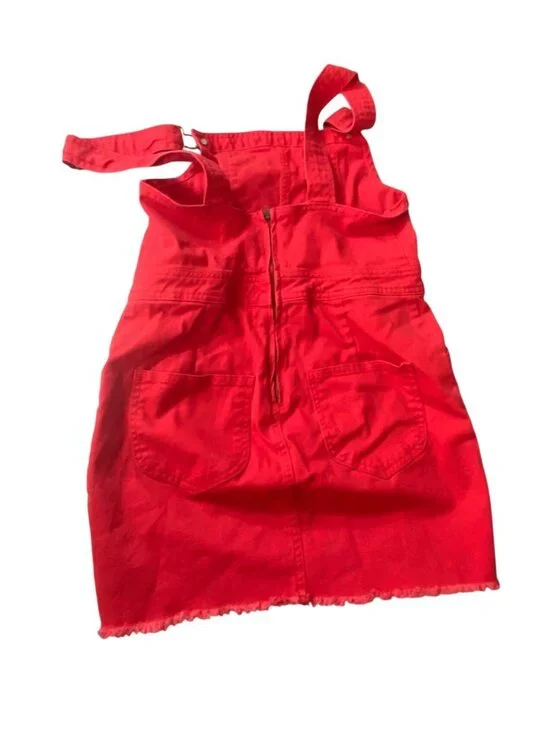 Dickies Red Denim Overall Dress With Raw Hemline Straps & Pockets - Womens Small - Picture 2 of 5